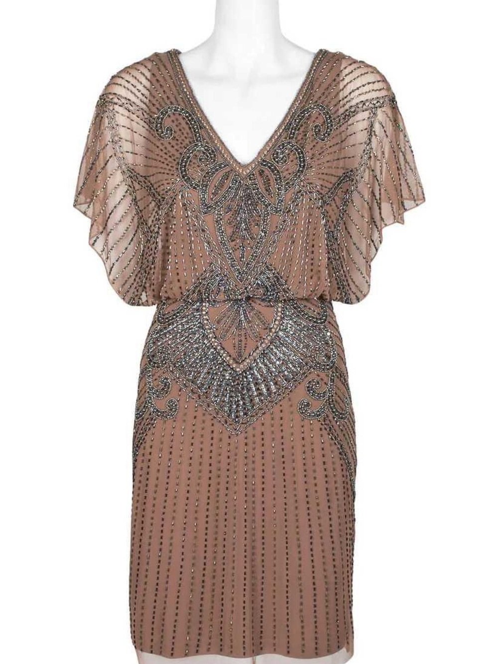 Beaded V-Neck Flutter Sleeve Dress in Nude